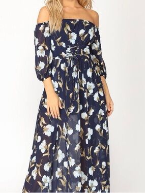 Fashion Nova Navy One-Shoulder Floral Maxi Dress